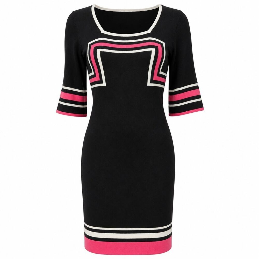 Sangria Sz S Square Neck Black Sweater Dress Flare Sleeves Geometric Lines Retro